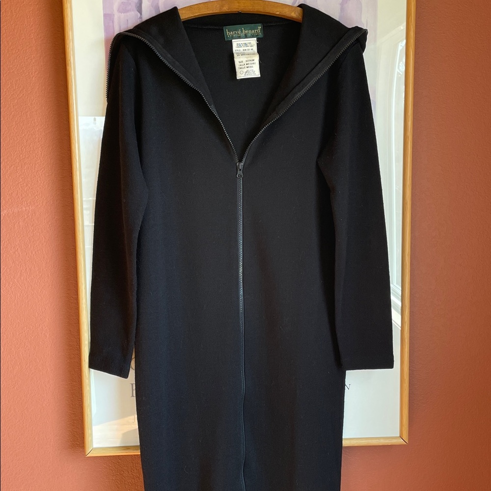 Harve Benard Rare Vintage Jet Black Full Zip Dress Wool Blend Wide Collar, M - Picture 4 of 6